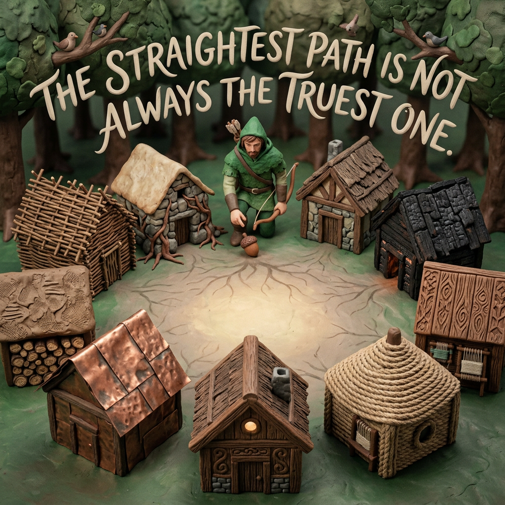 Robin Hood kneels with his bow unstrung, planting an acorn in the earth instead of aiming at a target.
