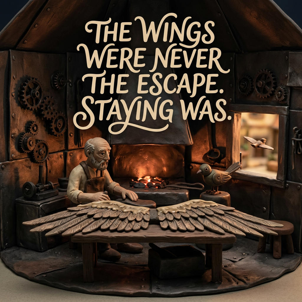 Daedalus sits beside a finished, unworn pair of wax wings, releasing a small mechanical bird instead of flying.